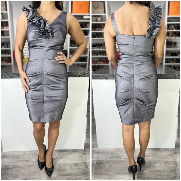 Xscape Gray Ruffle Shoulder Sheath Cocktail Dress $149 - Picture 1 of 11